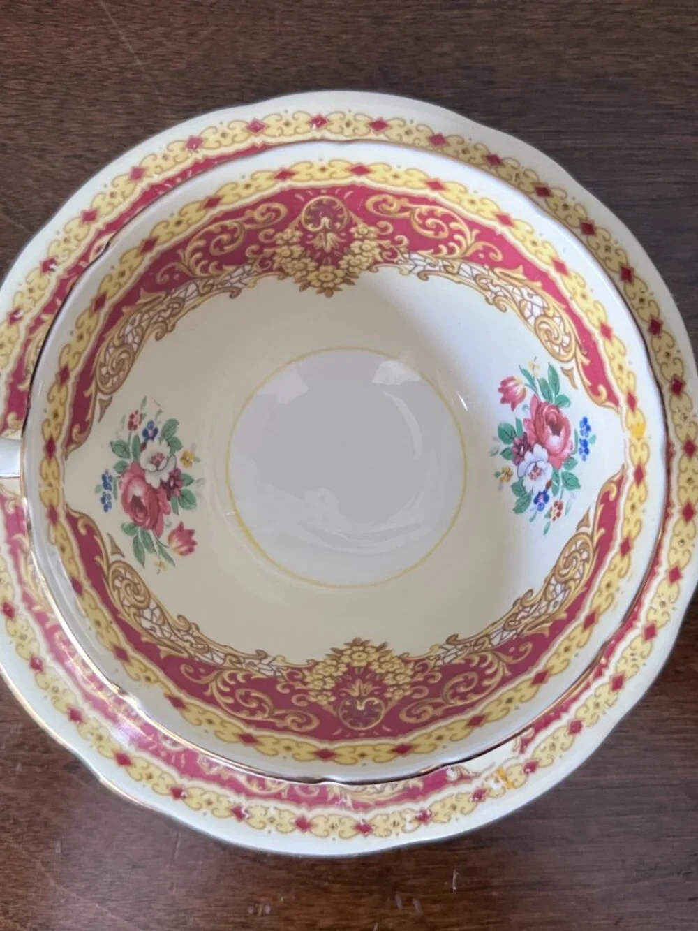 Aynsley England Teacup Ornate Filigree Floral Red Yellow Victorian Style *chip*
